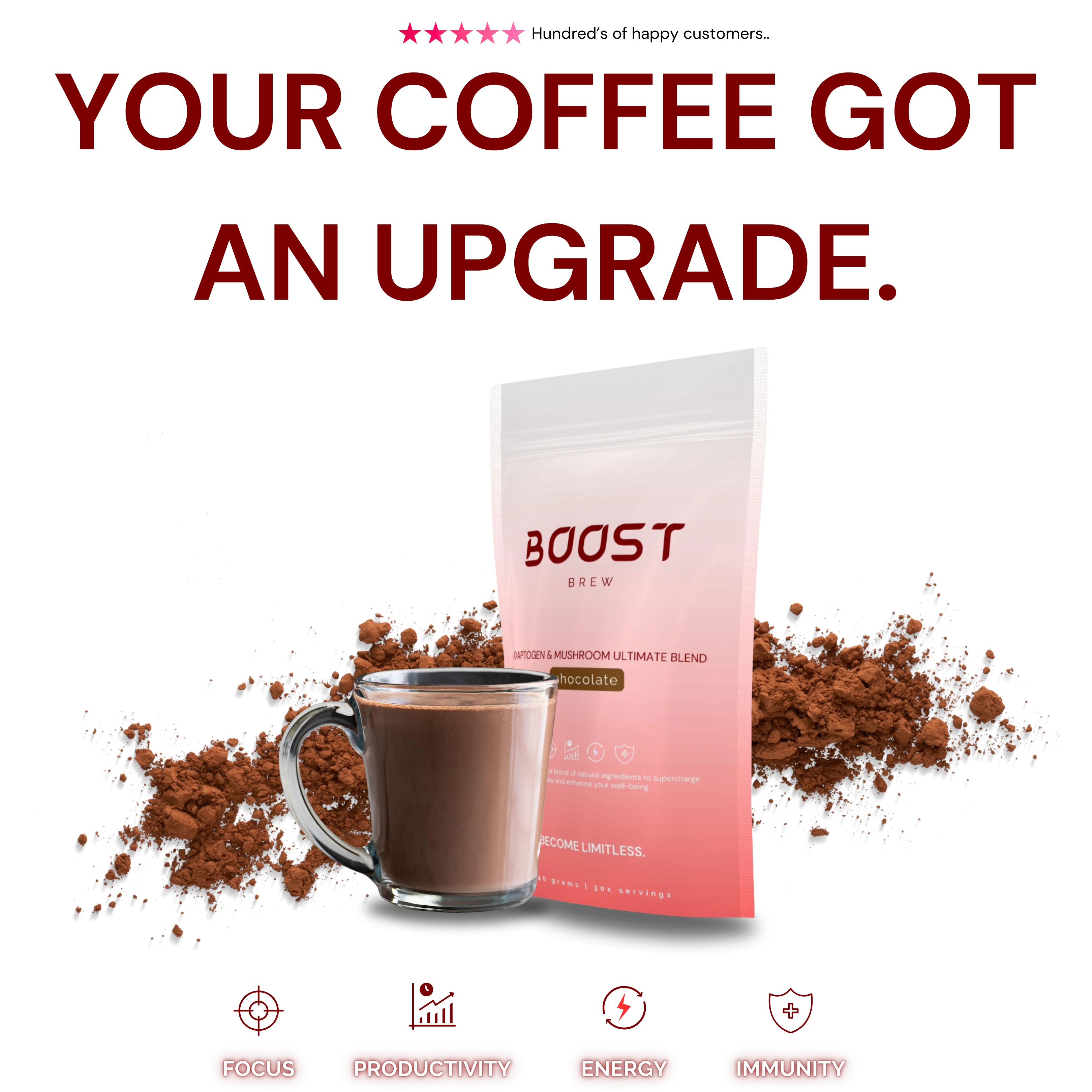 MUSHROOM COFFEE ULTIMATE BLEND COFFEE REPLACEMENT. DRINK BOOST BREW, BECOME LIMITLESS WITH FOCUS, PRODUCTIVITY, ENERGY, & IMMUNITY.